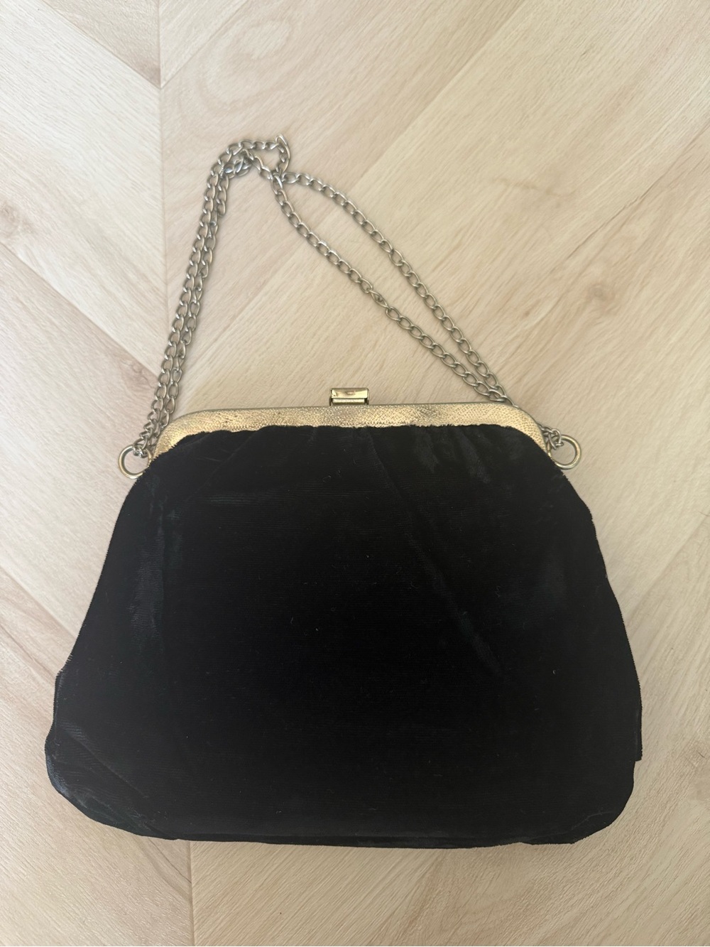 Vintage Black Velvet Chain-Handle Evening Bag with Gold Trim